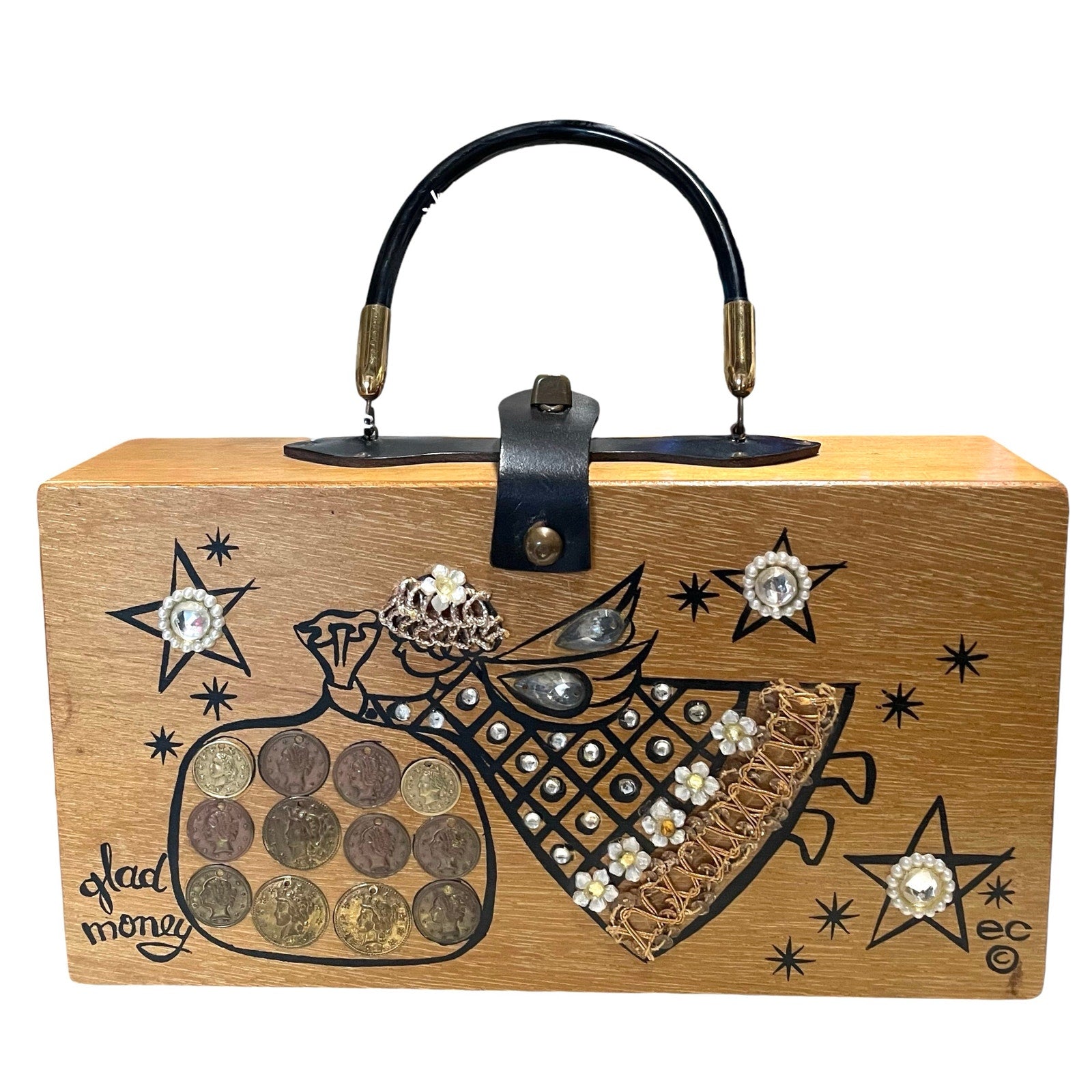 enid collins money tree purse vintage 1960s Enid Collins of Texas "Glad Money" angel wood box bag purse / signed and dated