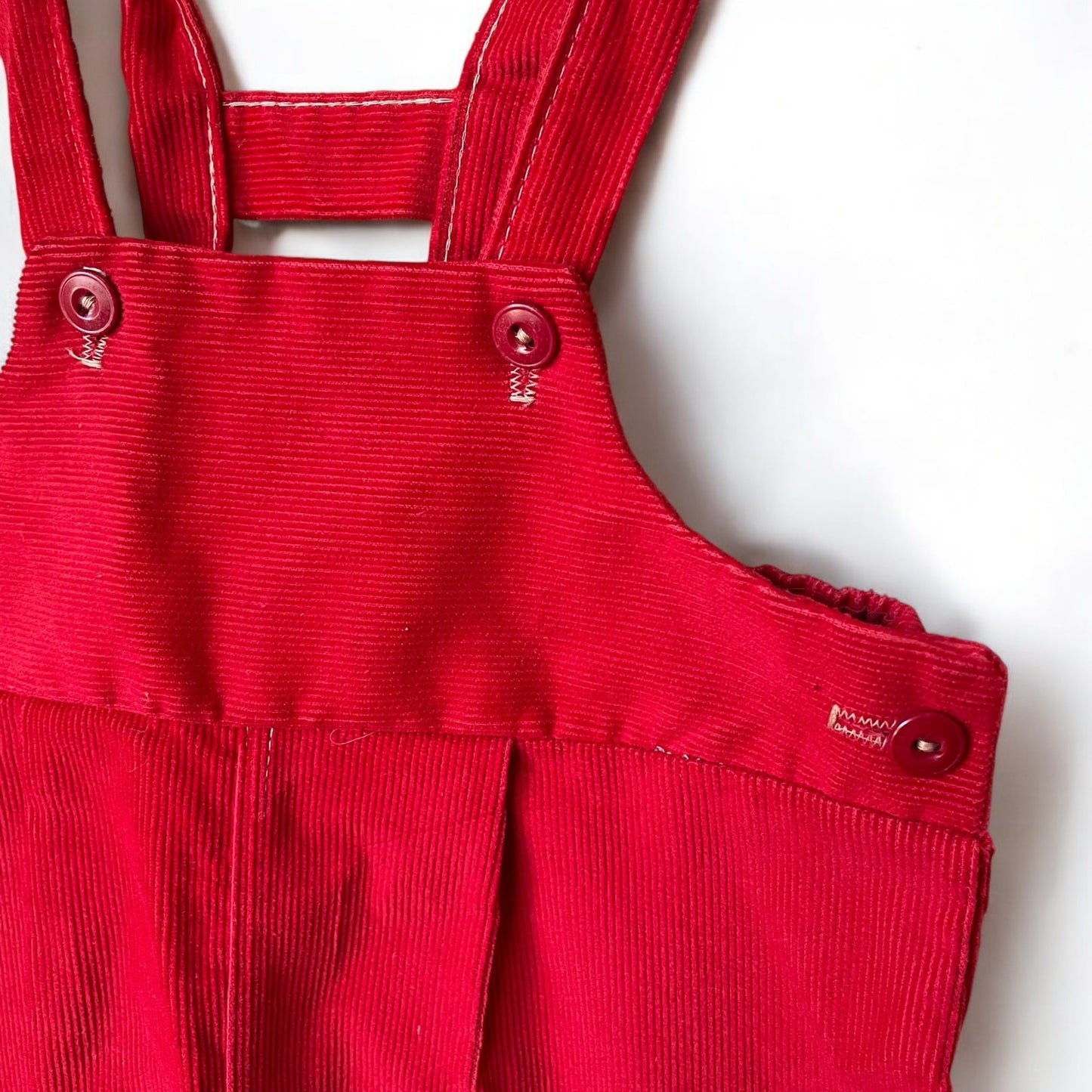 Vintage toddler or baby kids red corduroy overalls with chainstitch kangaroo embroidery / 9-12 months 12-18 months