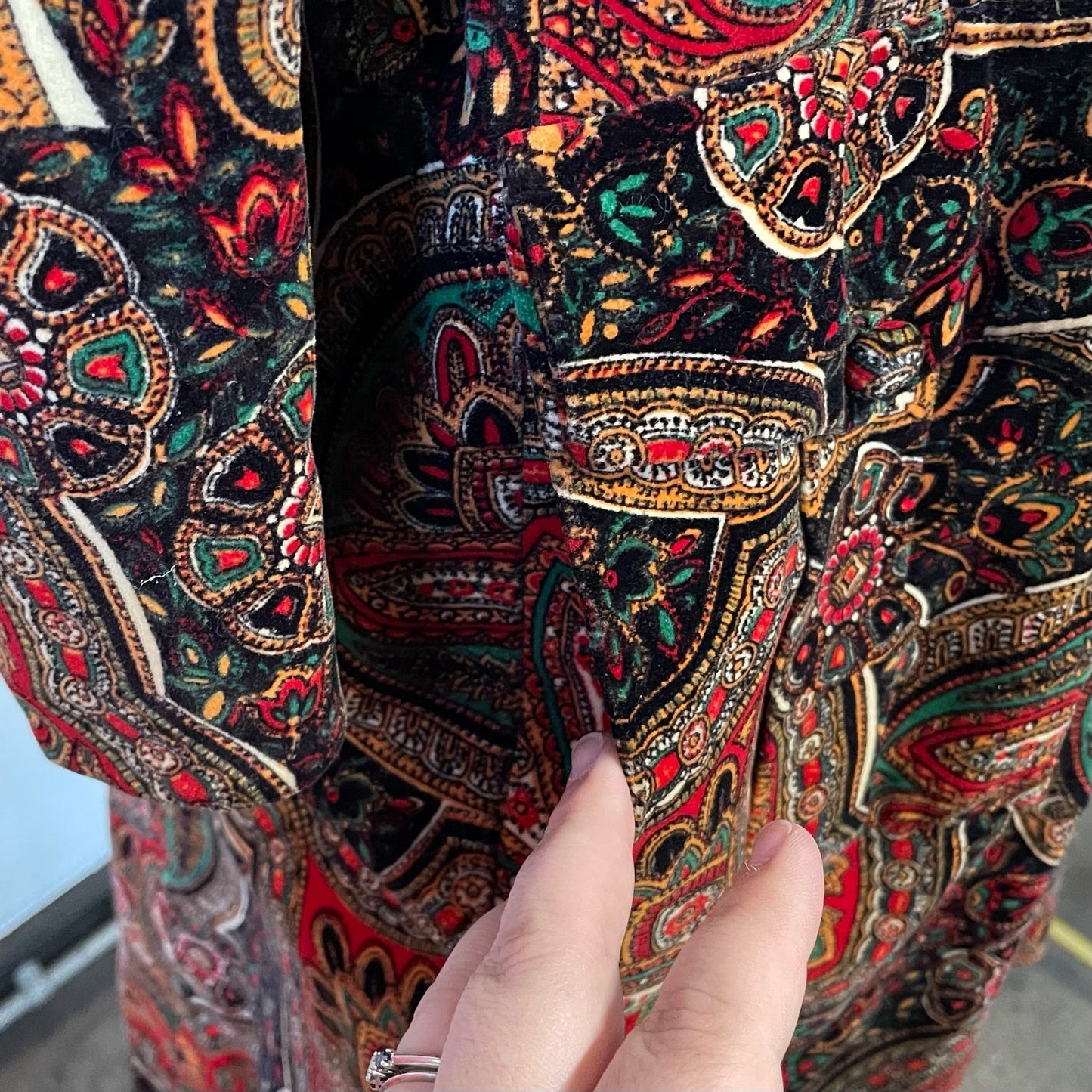 Vintage 60s to early 70s Kasper for Joan Leslie red and jewel tones paisley velveteen coat / size Small to Medium
