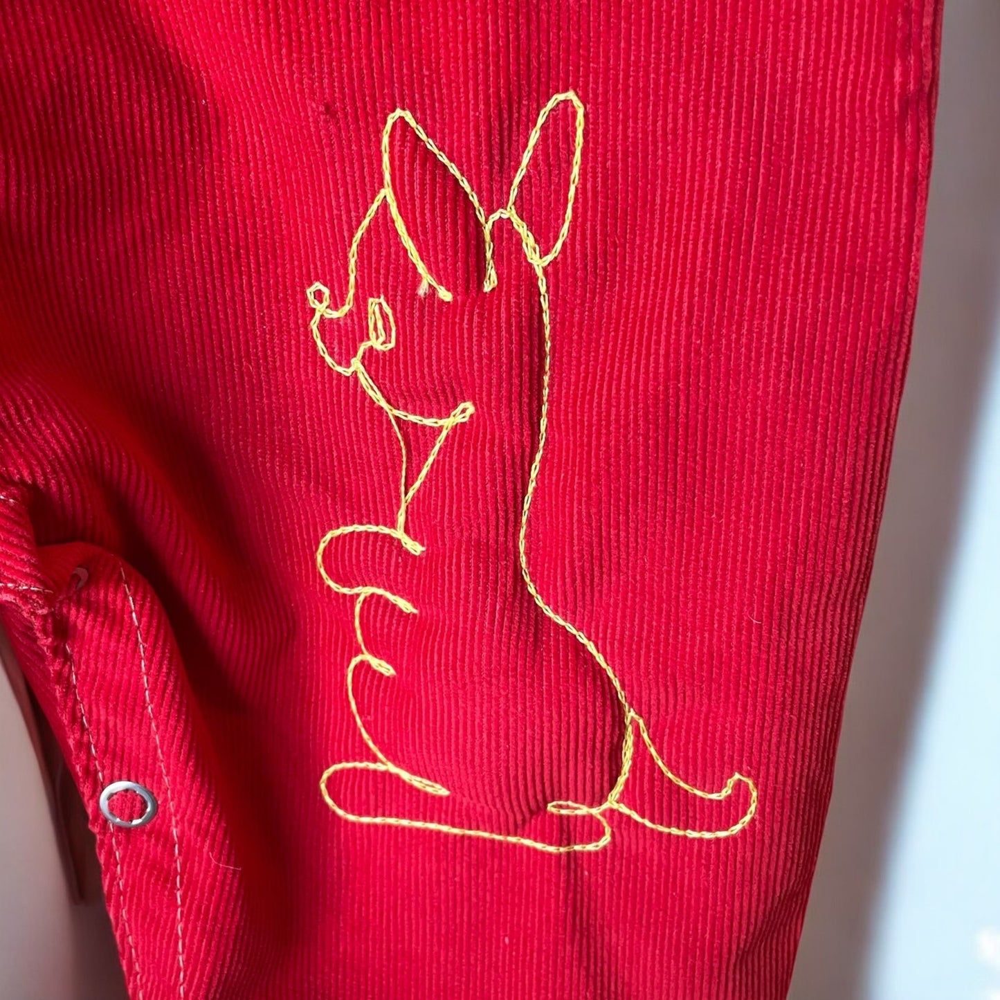 Vintage toddler or baby kids red corduroy overalls with chainstitch kangaroo embroidery / 9-12 months 12-18 months