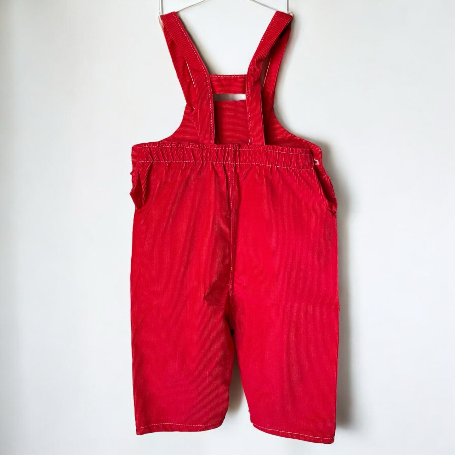Vintage toddler or baby kids red corduroy overalls with chainstitch kangaroo embroidery / 9-12 months 12-18 months