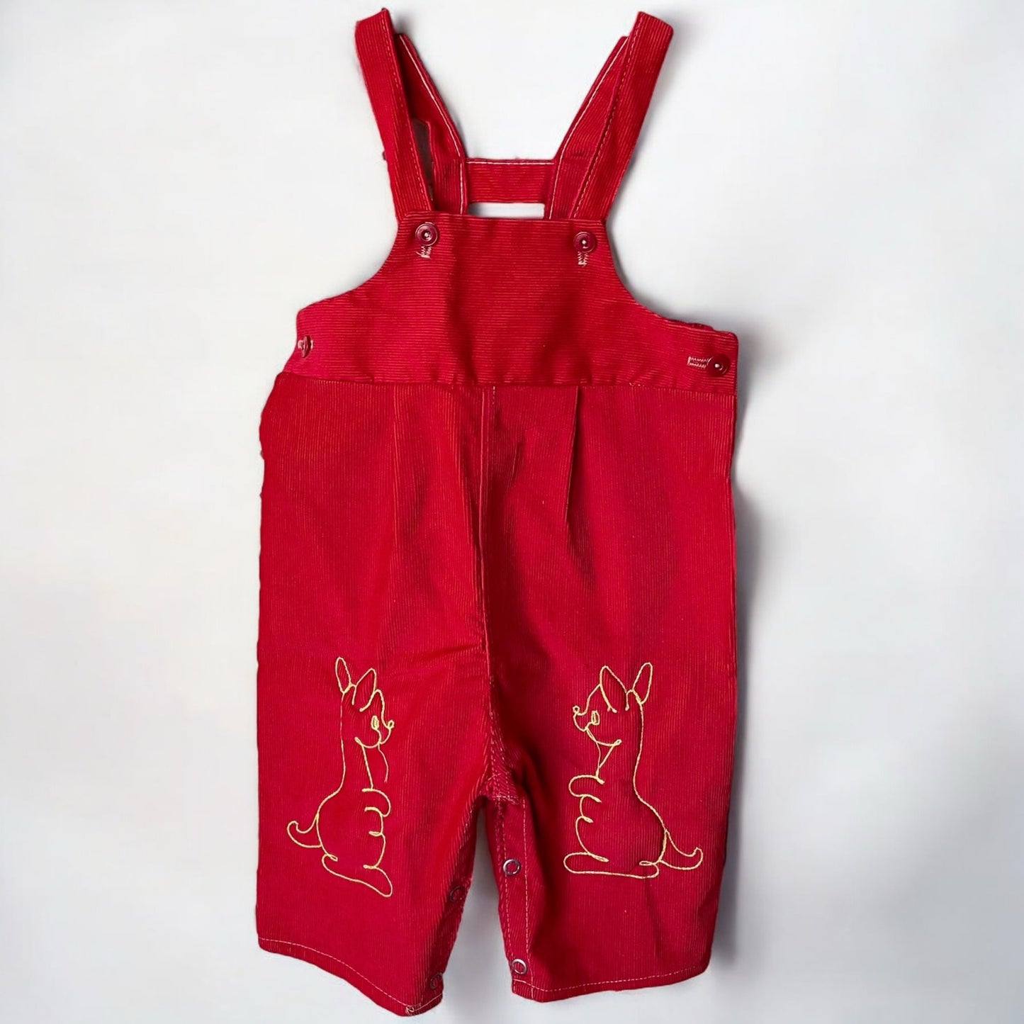 Vintage toddler or baby kids red corduroy overalls with chainstitch kangaroo embroidery / 9-12 months 12-18 months