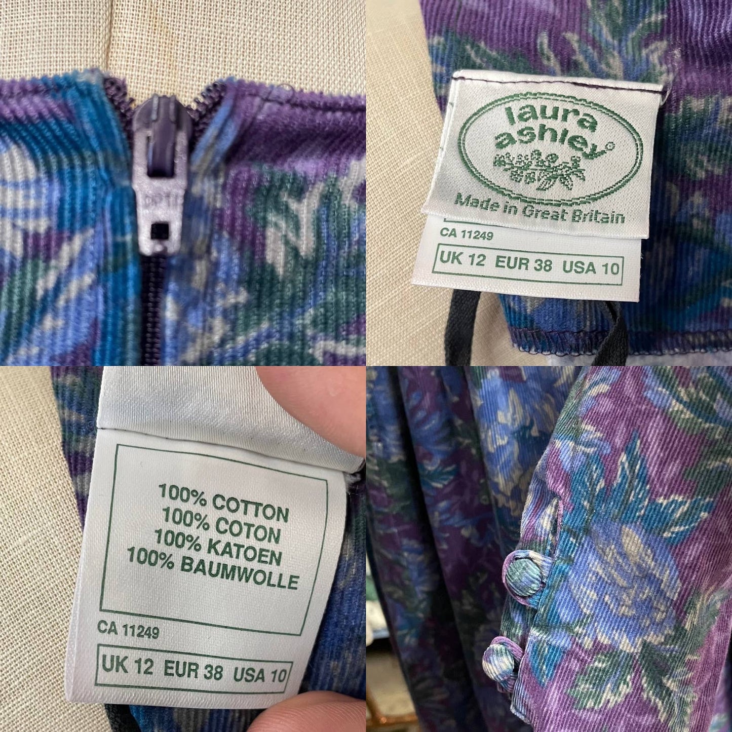 Laura Ashley 80's floral garden corduroy puff sleeve dress / size small