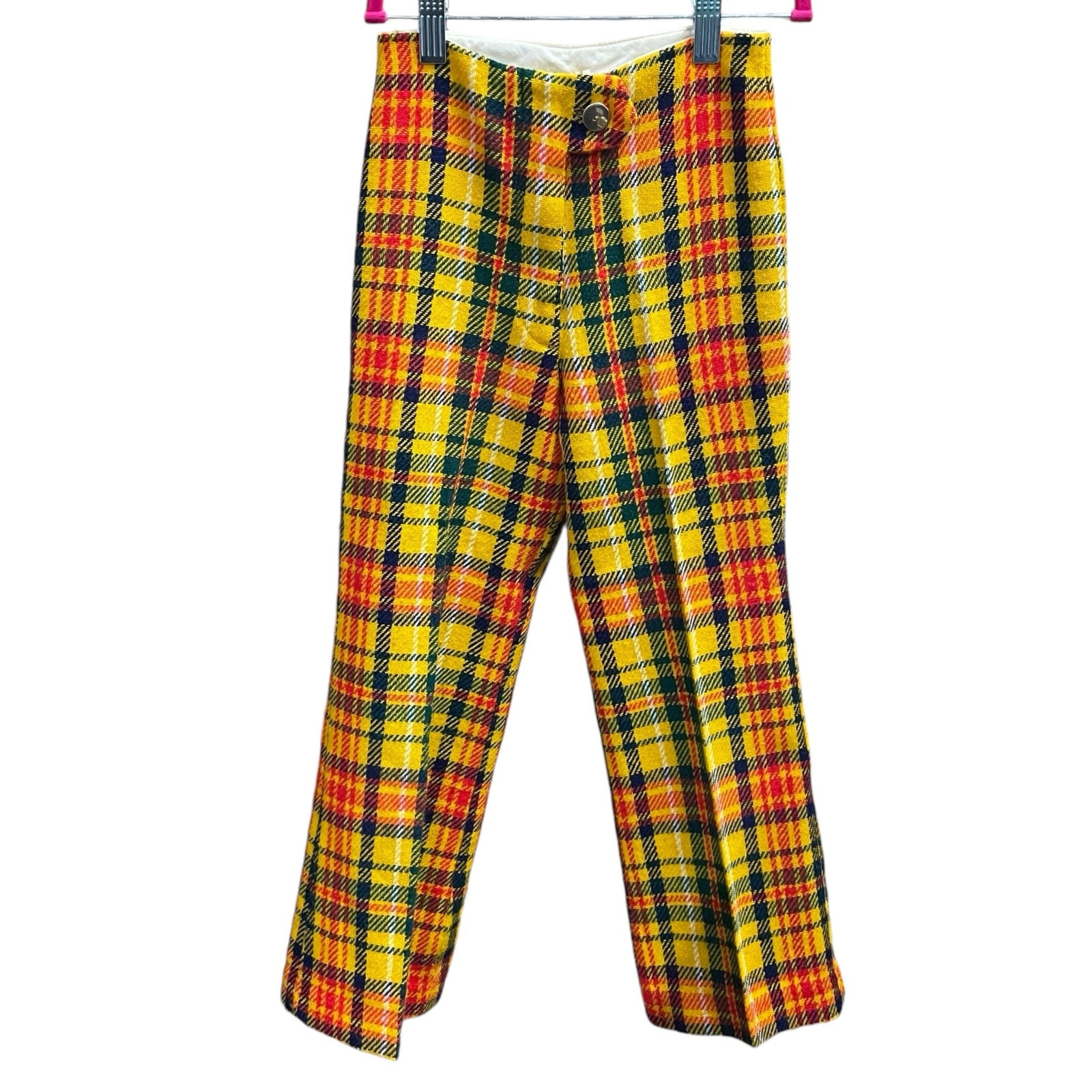 vintage kids 60s 70s yellow plaid flare pants high rise bell