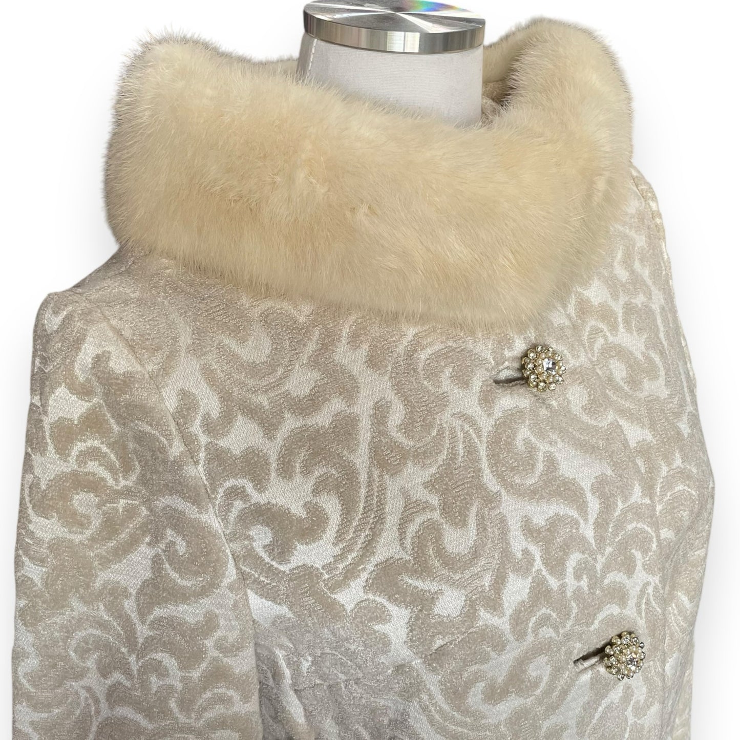 Vintage 60s Lilli Ann brocade tapestry jacket and silk dupioni dress set with mink fur trim / size medium