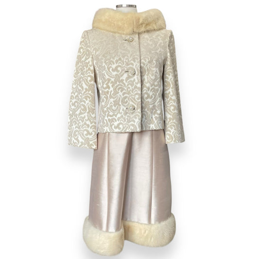 Vintage 60s Lilli Ann brocade tapestry jacket and silk dupioni dress set with mink fur trim / size medium