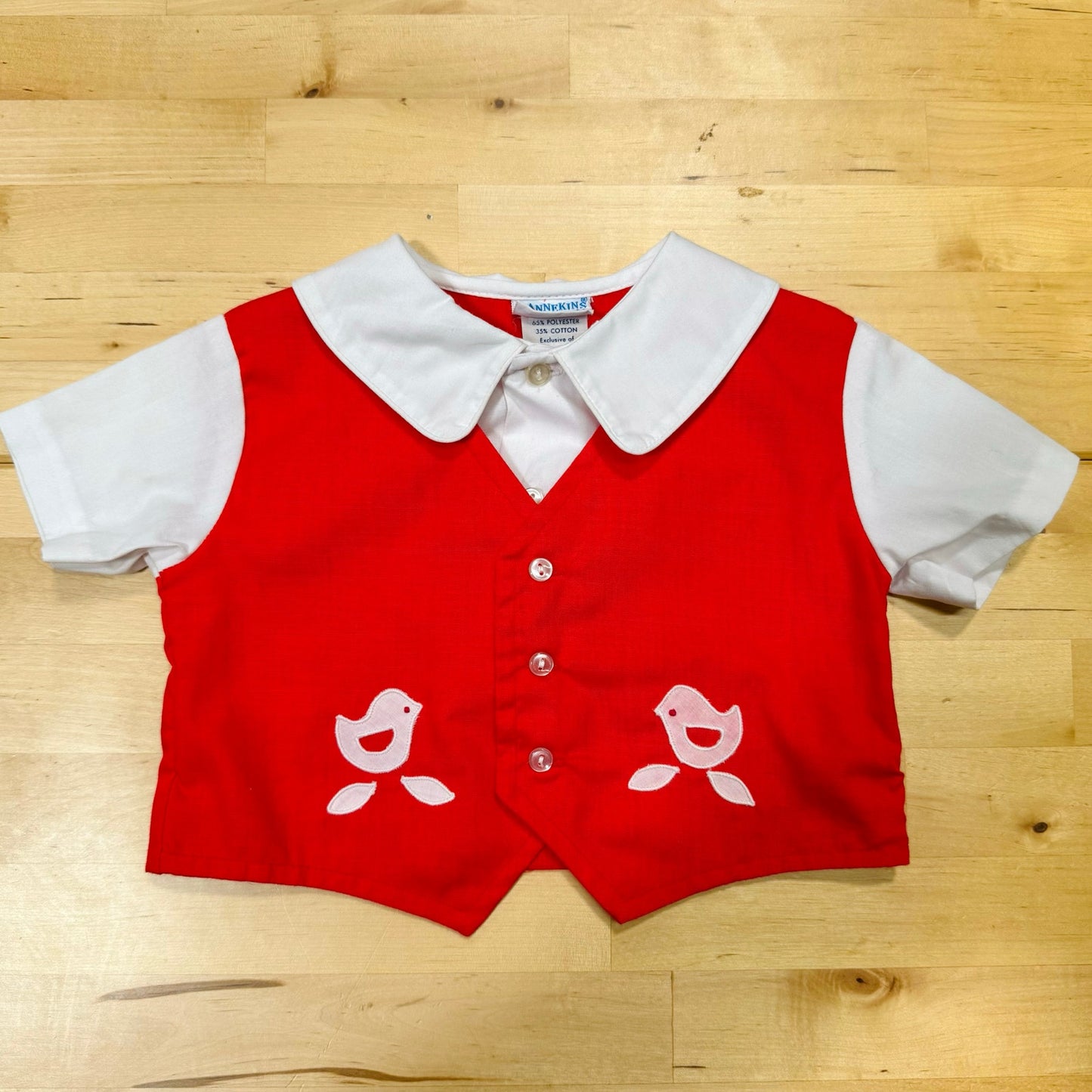 Vintage 70s baby toddler red and white dove applique vest top / size 12-18 months