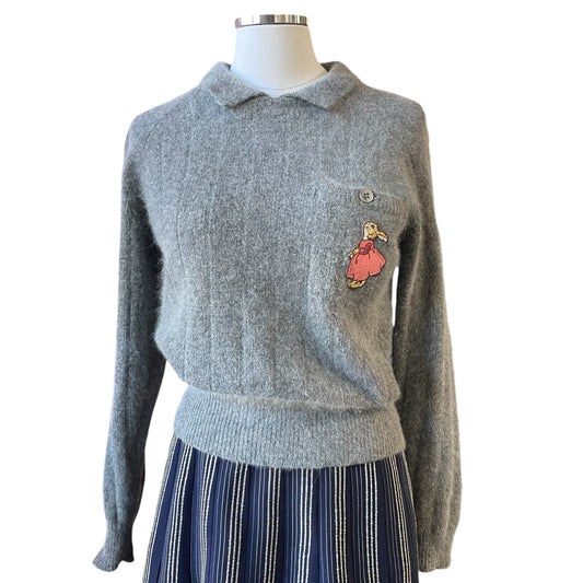 Upcycled vintage angora blend Peter Pan collar sweater with sweet rabbit patch