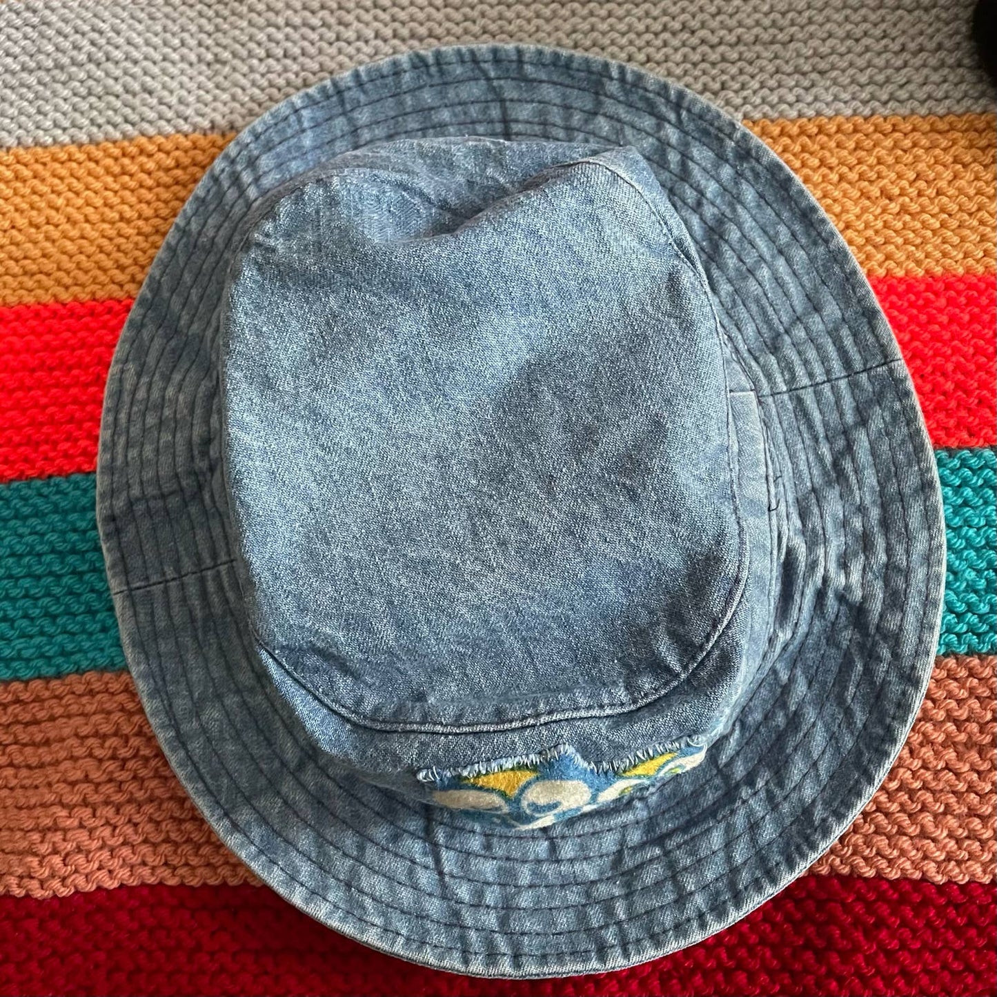 Upcycled 90s denim bucket hat with velveteen owl appliqué