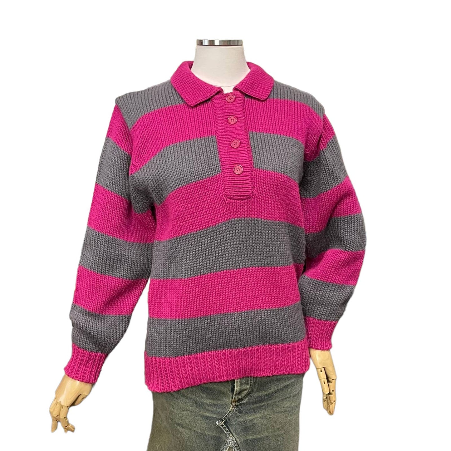 80s pink and gray stripe rugby collared sweater / XS S M