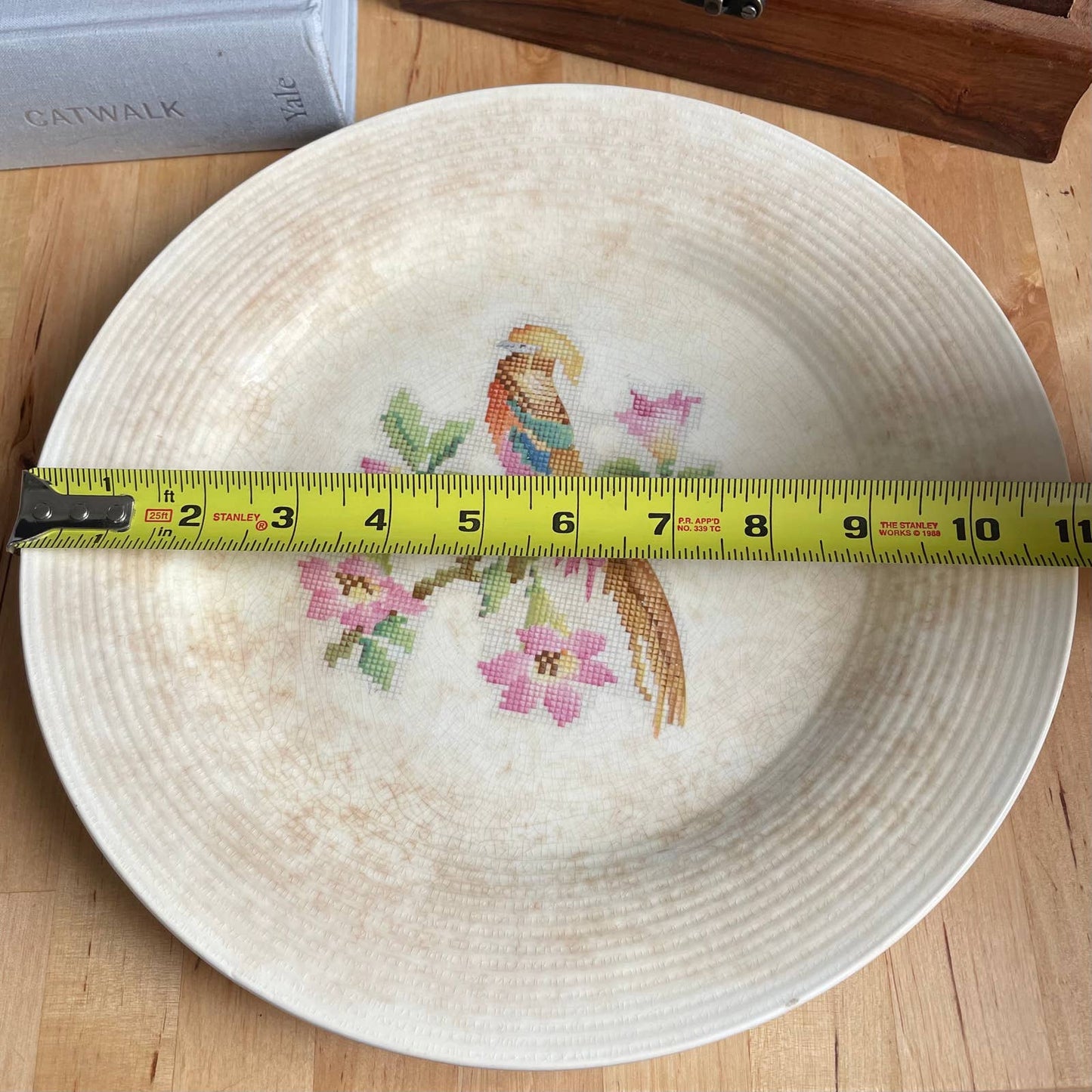 Antique Leigh Potters 1920s cross stitch bird dinner plate AS IS