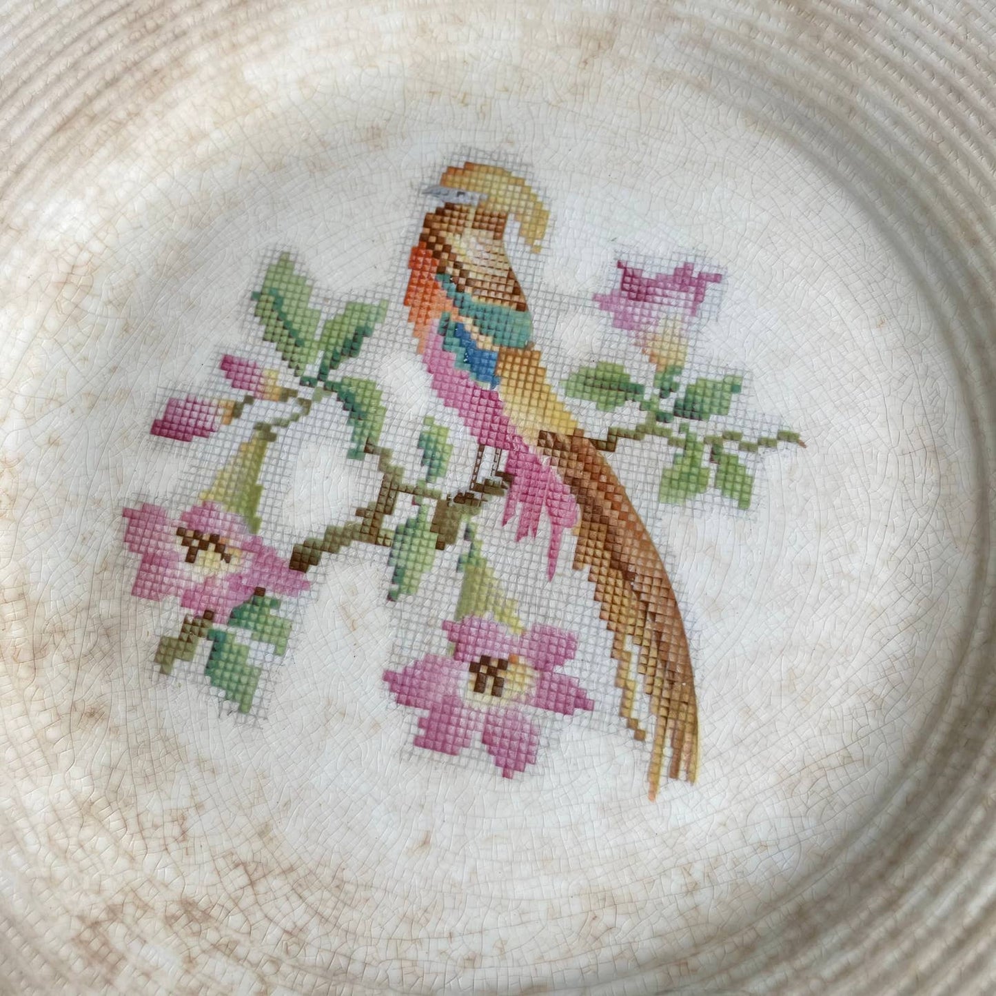 Antique Leigh Potters 1920s cross stitch bird dinner plate AS IS