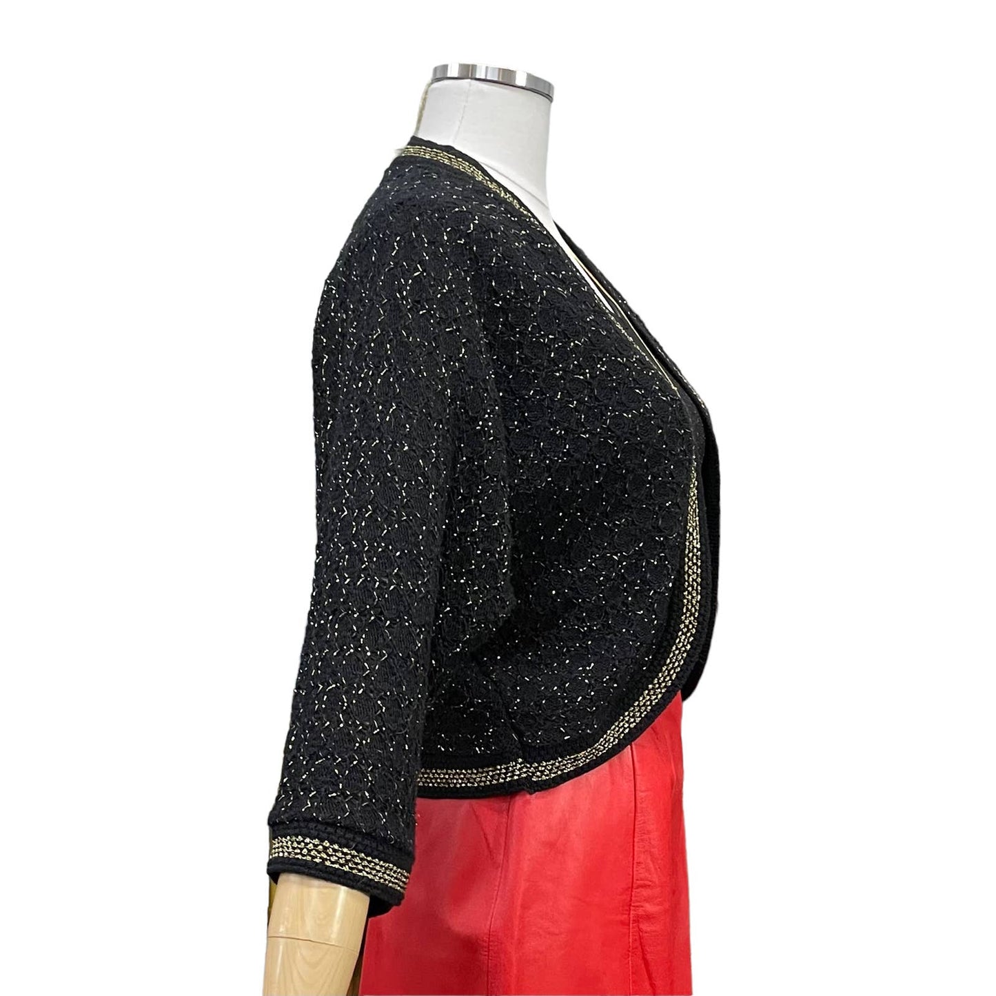 70s black and gold acrylic knit shrug cardigan sweater / size M L XL
