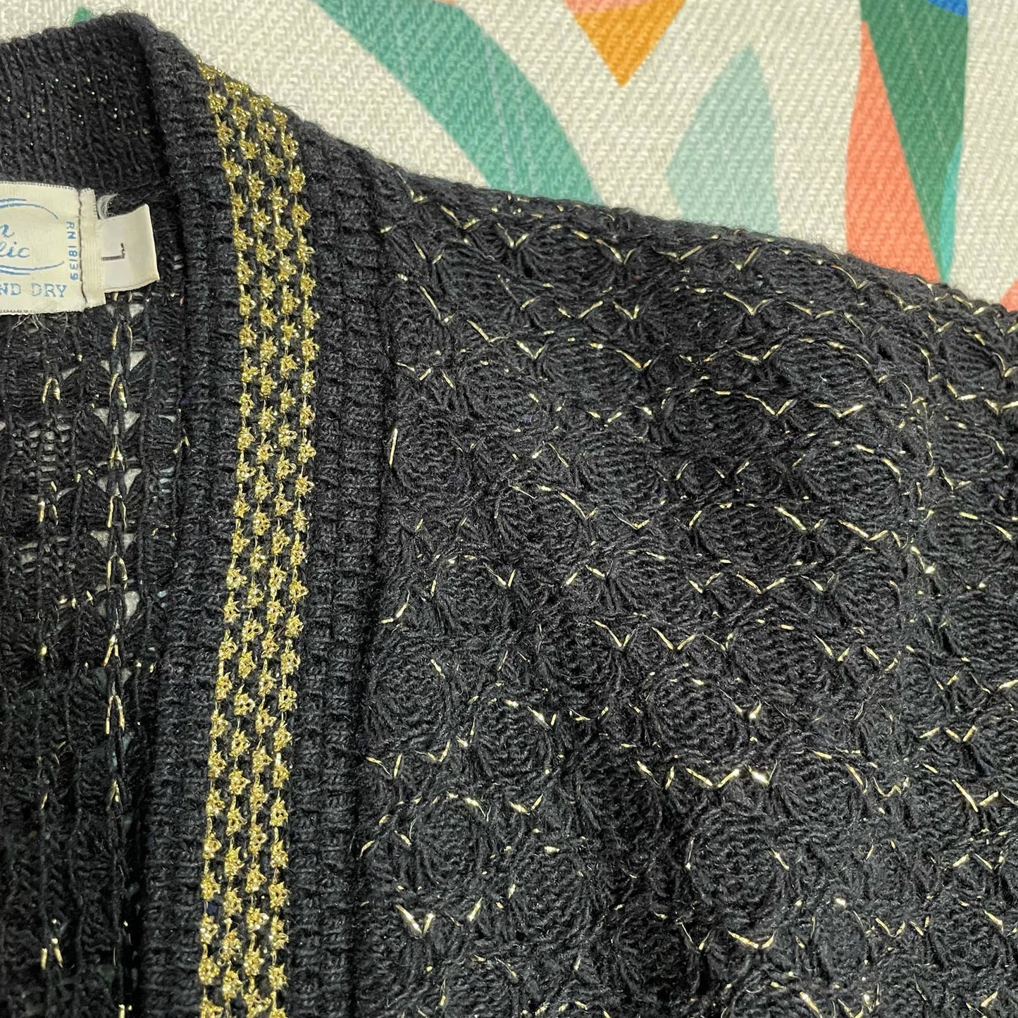 70s black and gold acrylic knit shrug cardigan sweater / size M L XL