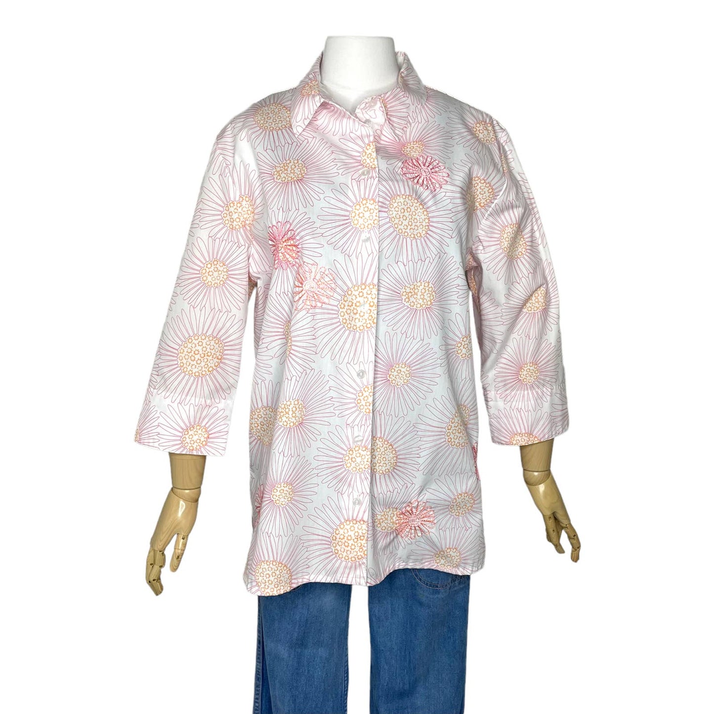 90's y2k floral bright neon daisy embroidered cotton button-up shirt / Medium Large XL