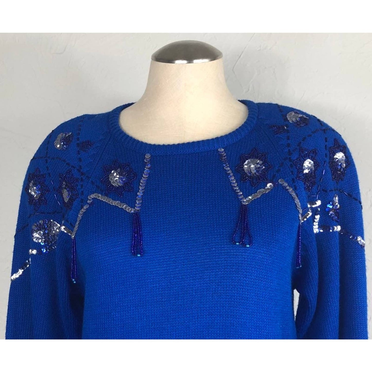 80s Cobalt Blue Beaded Maxi Length Sweater Dress size S XS