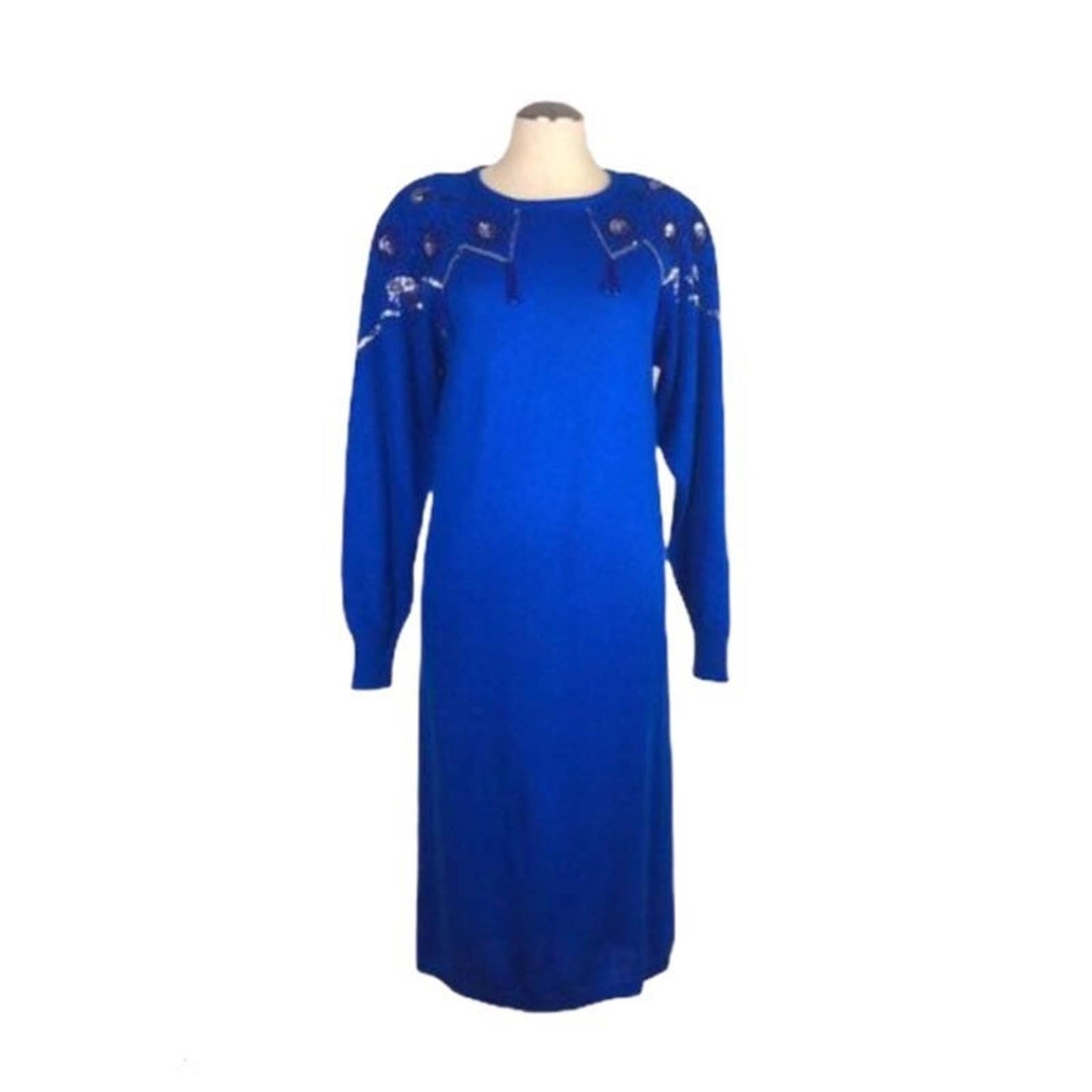 80s Cobalt Blue Beaded Maxi Length Sweater Dress size S XS